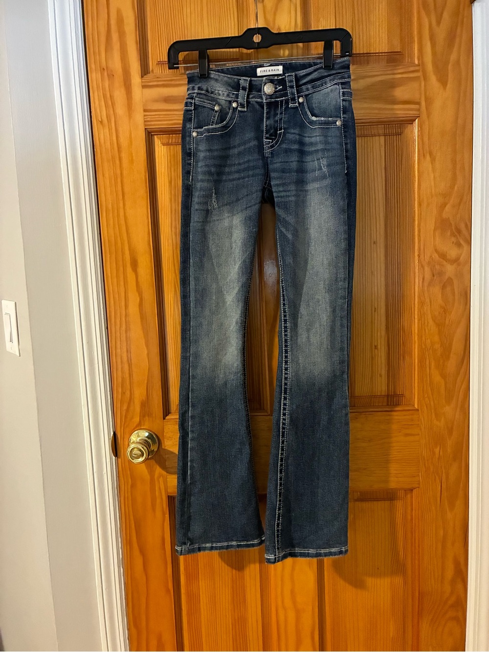 Flared Low rise Jeans in Dark Blue Embellished y2k by Fire & Rain